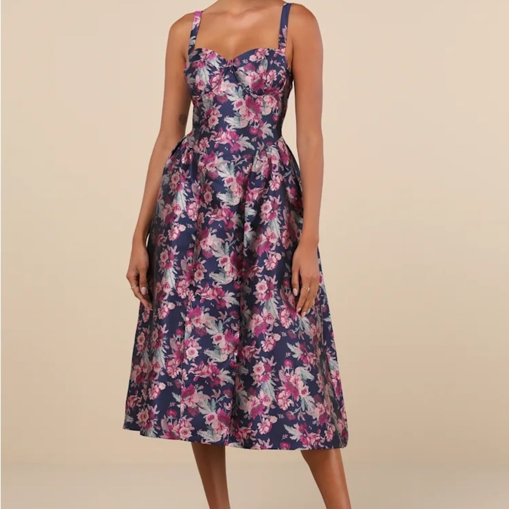 Lulu's Pink and Blue Pleated Midi Dress Sweetheart Neckline